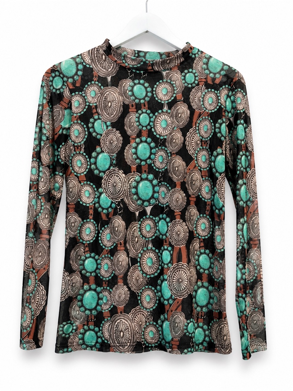 Printed Mesh Long-Sleeve Top in Teal and Brown